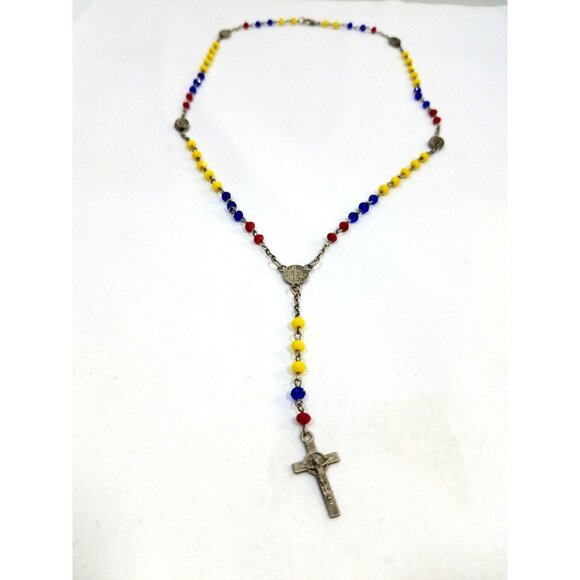 Vintage Rosary St Benedict and Lady of My Guadelupe Red Blue Yellow Beads - Picture 2 of 8